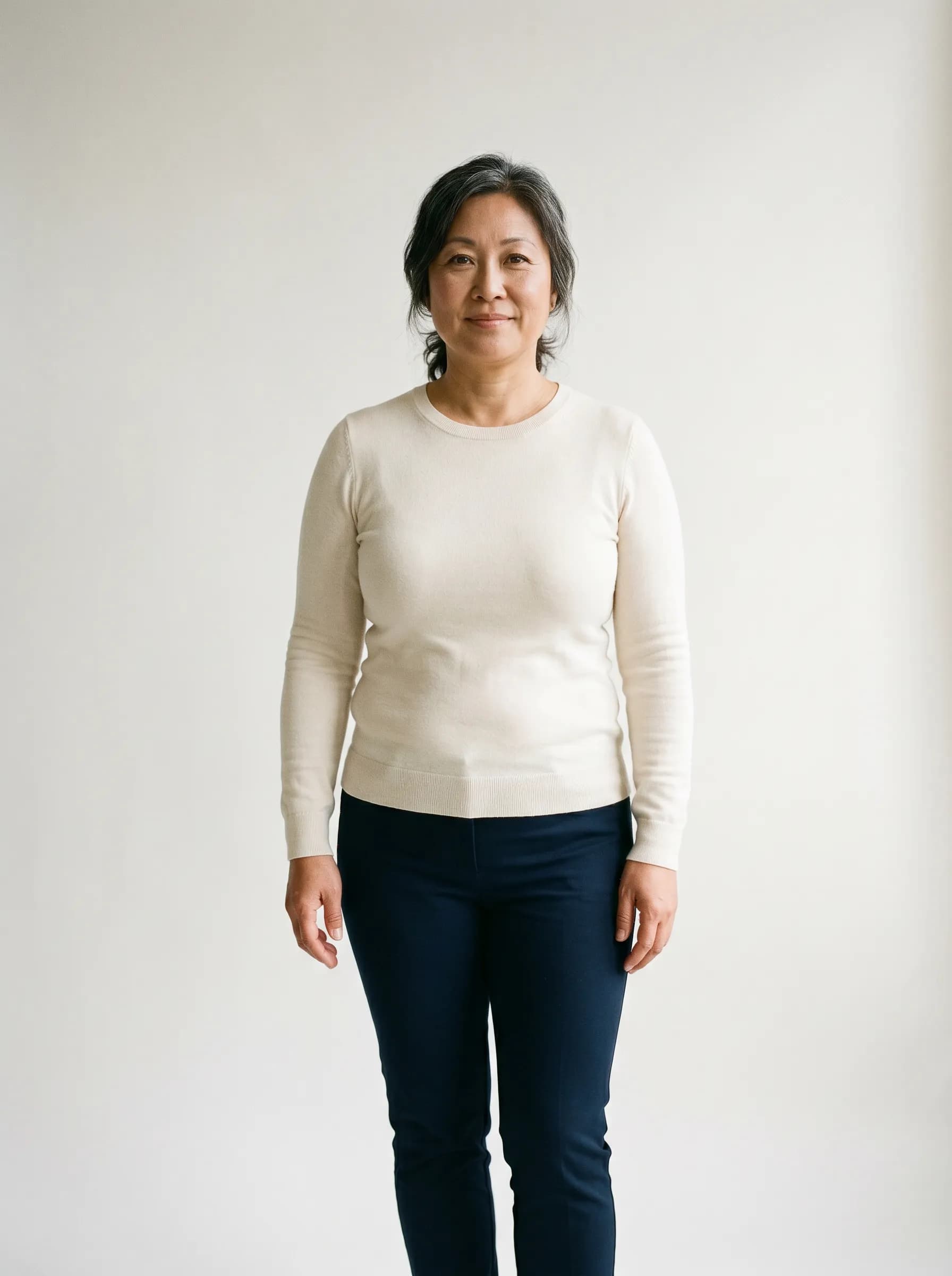Editorial reconstruction of Mei at baseline before metabolic protocol, neutral studio backdrop